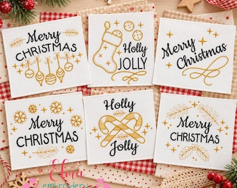 May include: Six square white fabric patches featuring black embroidered text and gold thread designs. The designs include Christmas ornaments, a stocking, candy canes, snowflakes, and holly leaves with the phrases Merry Christmas and Holly Jolly.