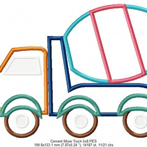 Puede incluir: Un dise&ntilde;o de bordado colorido de un cami&oacute;n mezclador de cemento. El cami&oacute;n es azul, naranja, verde y marr&oacute;n. La mezcladora de cemento es rosa, azul y blanca. El dise&ntilde;o mide 199,8 mm por 133,1 mm y tiene 14.187 puntadas.