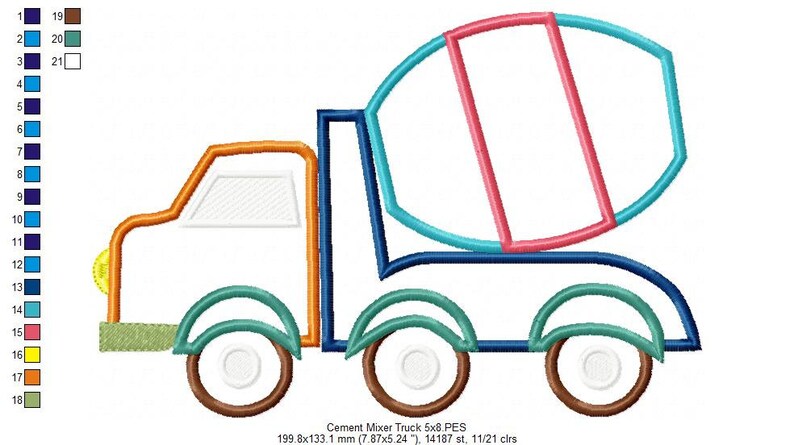Puede incluir: Un dise&ntilde;o de bordado colorido de un cami&oacute;n mezclador de cemento. El cami&oacute;n es azul, naranja, verde y marr&oacute;n. La mezcladora de cemento es rosa, azul y blanca. El dise&ntilde;o mide 199,8 mm por 133,1 mm y tiene 14.187 puntadas.