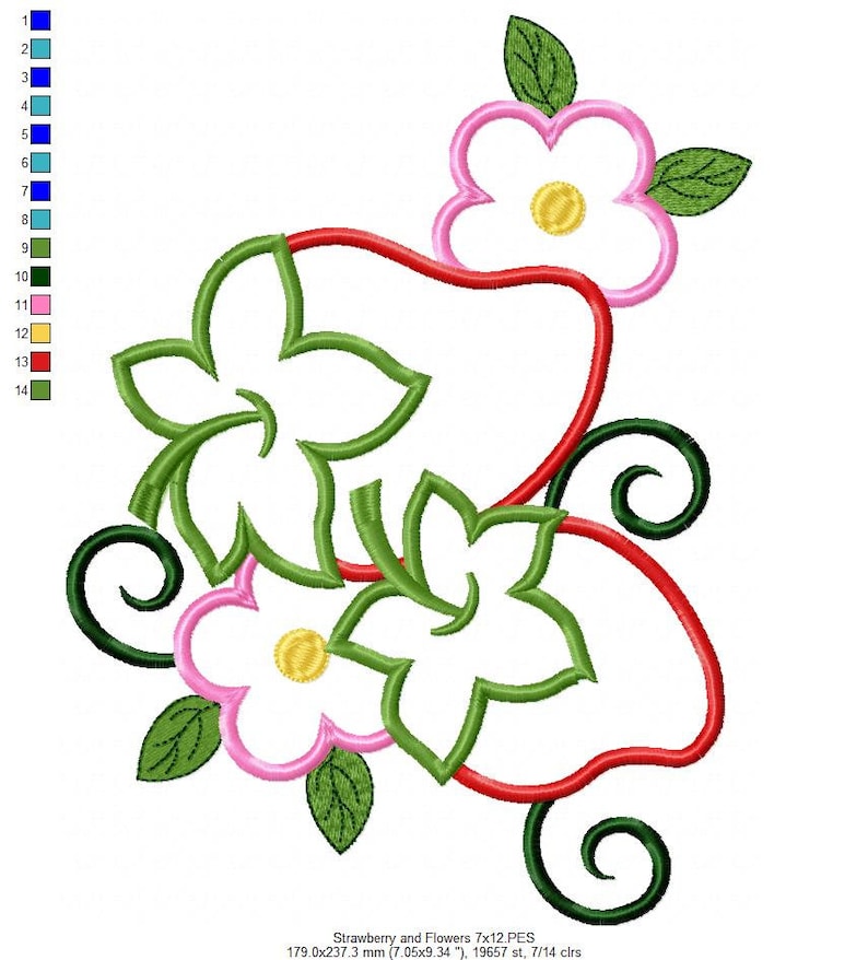 May include: Embroidered design of a strawberry with green leaves and two pink flowers with yellow centers. The design is 7 inches by 12 inches and uses 14 colors.