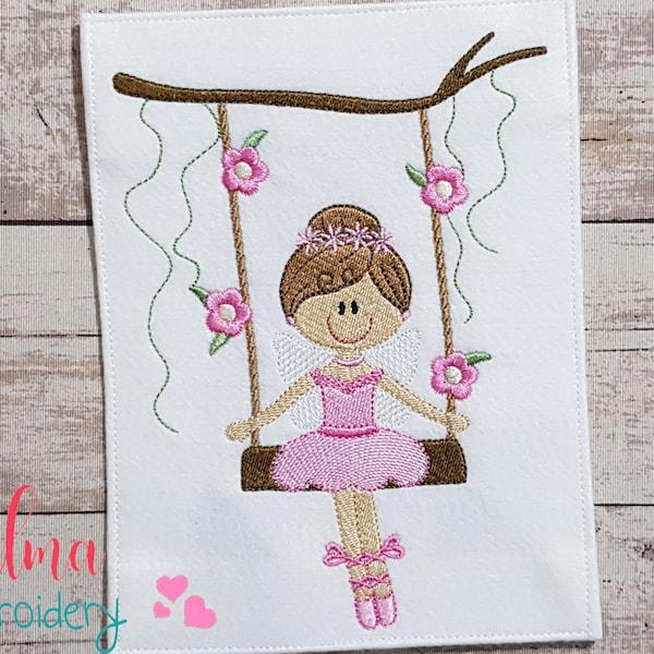 Ballerina Fairy on Garden Swing - Fill Stitch - Fairy Embroidery - 4x4 5x4 5x7 5x8 6x10 7x12 - Machine Embroidery Design - Girl Embroidery