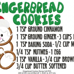 May include: Gingerbread cookie recipe with a gingerbread man illustration wearing a Santa hat. The recipe includes ingredients like ground cinnamon, ground ginger, flour, baking soda, molasses, nutmeg, egg, vanilla, brown sugar, and butter.