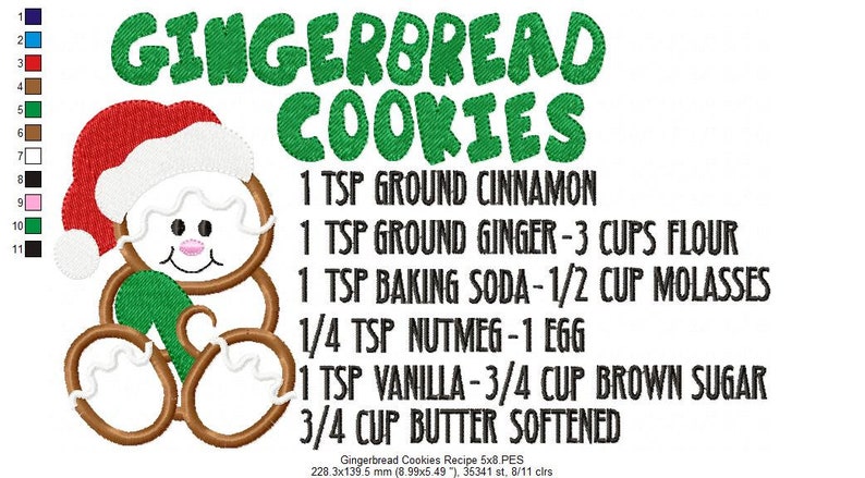 May include: Gingerbread cookie recipe with a gingerbread man illustration wearing a Santa hat. The recipe includes ingredients like ground cinnamon, ground ginger, flour, baking soda, molasses, nutmeg, egg, vanilla, brown sugar, and butter.