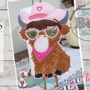 Capa para porta-toalhas de papel Cowboy Highland Cow ITH Project - Aplique -5x7 6x10 7x12 8x12- Instruções de design de bordado à máquina incluídas