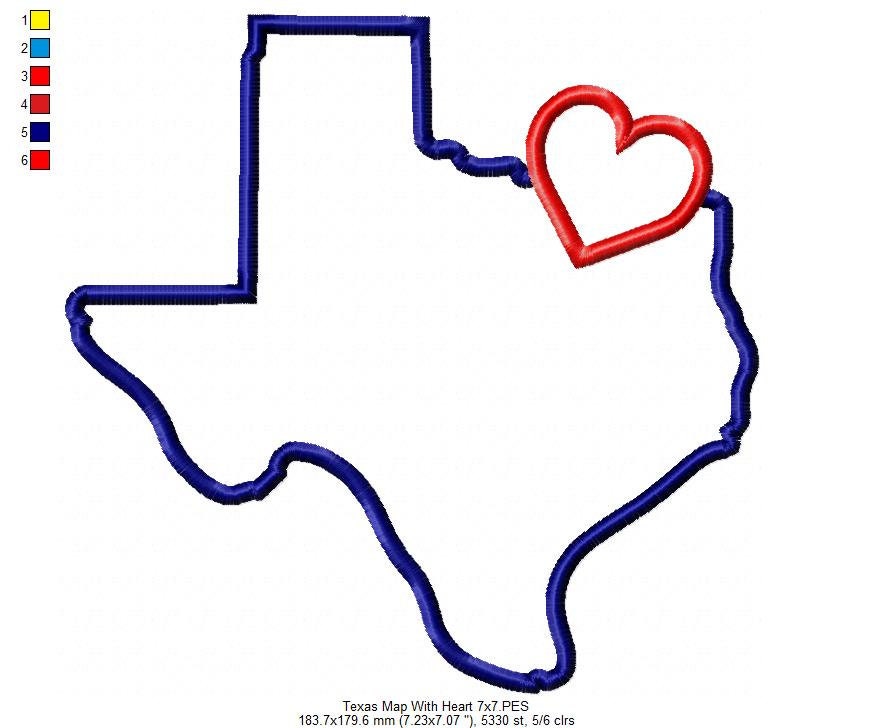Texas Map With Heart Machine Embroidery Design Applique Etsy