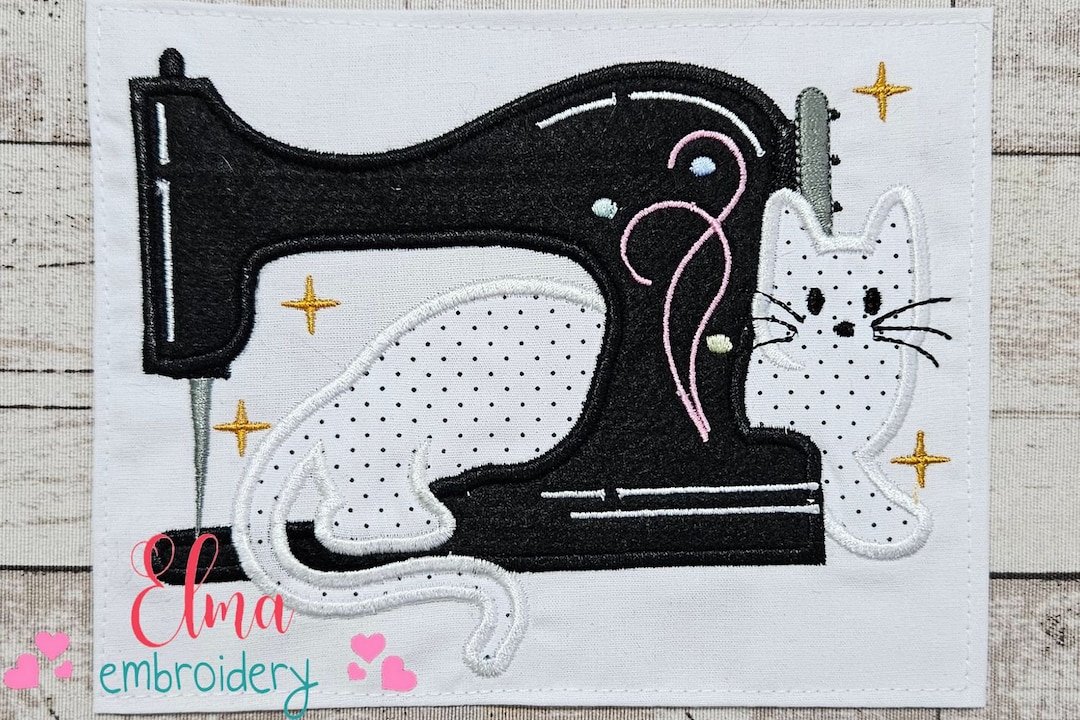 Cat & Vintage Sewing Machine Embroidery Design: Applique (digital ...
