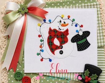 Snowman Christmas Lights Appliqué Embroidery Design Winter Holiday Decor (Digital Download)