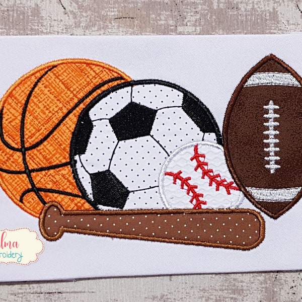Sports Balls - Machine Embroidery Design - Applique - Football Soccer Basketball Embroidery -4x4 5x4 5x7 5x8 6x10 7x12 - Sports Embroidery