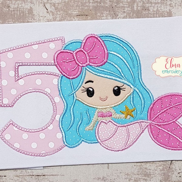 Mermaid Number 5 Five 5th Birthday - Applique - 5x7 5x8 6x10 7x12 - Machine Embroidery Design - Birthday Embroidery - Birthday Mermaid