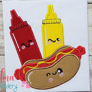 Happy Hot Dog, Ketchup and Mustard - Applique - Pancho Embroidery - 4x4 5x5 6x6 7x7 - Machine Embroidery Pattern - Hot Dog Embroidery