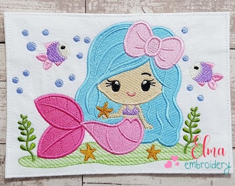 Mermaid with Bow Fill Stitch Embroidery Design (Digital Download)