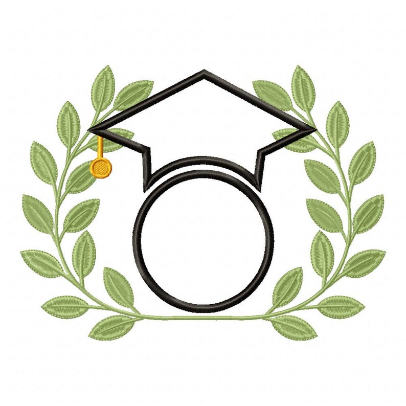 May include: A black graduation cap with a gold tassel sits atop a wreath of green leaves. The wreath surrounds a circle with a blank space in the center.