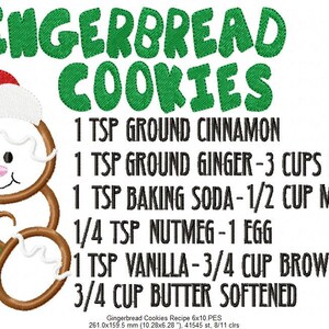 May include: Gingerbread cookie recipe with a gingerbread man illustration wearing a Santa hat. The recipe includes ingredients like ground cinnamon, ground ginger, flour, baking soda, molasses, nutmeg, egg, vanilla, brown sugar, and butter.
