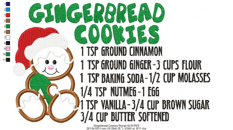 May include: Gingerbread cookie recipe with a gingerbread man illustration wearing a Santa hat. The recipe includes ingredients like ground cinnamon, ground ginger, flour, baking soda, molasses, nutmeg, egg, vanilla, brown sugar, and butter.
