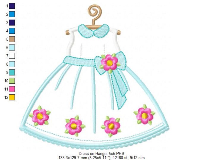 May include: A light blue dress with a white collar and a blue bow with a pink flower. The dress is on a hanger and has five pink flowers on the skirt. The dress is 5.25 inches by 5.11 inches and has 12,168 stitches and 9/12 colors.