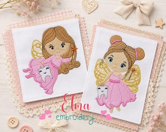 May include: Two embroidered patches featuring cartoon tooth fairies in pink dresses with gold wings. One fairy has long brown hair, the other has two buns. Each fairy holds a smiling tooth. The patches are on pink and white fabric.