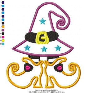 May include: A purple witch hat with a yellow buckle and white stars, and a pair of yellow witch shoes with pink accents. The image includes the text "Witch Hat and Shoes 6x6.PES 159.7x186.3 mm (6.29x7.33 "), 20328 st, 8/13 clrs".