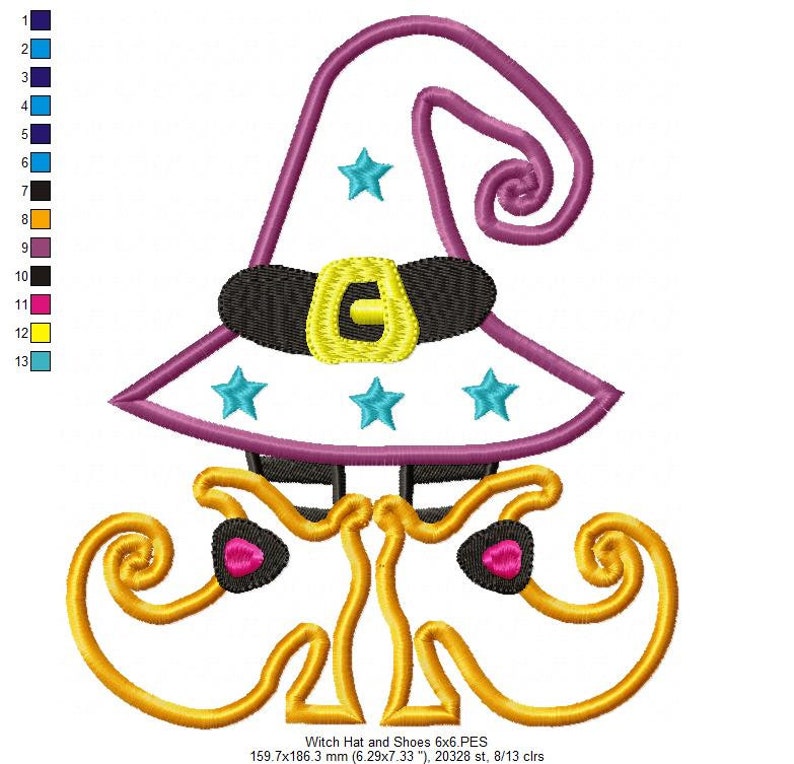 May include: A purple witch hat with a yellow buckle and white stars, and a pair of yellow witch shoes with pink accents. The image includes the text "Witch Hat and Shoes 6x6.PES 159.7x186.3 mm (6.29x7.33 "), 20328 st, 8/13 clrs".