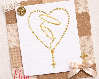 Our Lady Rosary Heart Embroidery Design: Catholic Faith Satin Stitch Religious File (Digital Download)