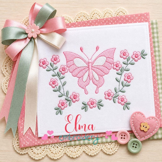 蝶と花柄のスケッチ刺繍デザイン - 繊細な庭園フレームパターン