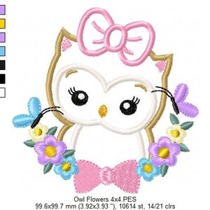 May include: Embroidered design of a white owl with pink bow and flowers. The owl has black eyes and a yellow beak. The flowers are purple, blue, and yellow. The design is 3.92 inches by 3.93 inches and has 10,614 stitches.