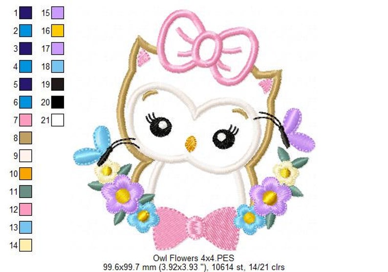May include: Embroidered design of a white owl with pink bow and flowers. The owl has black eyes and a yellow beak. The flowers are purple, blue, and yellow. The design is 3.92 inches by 3.93 inches and has 10,614 stitches.