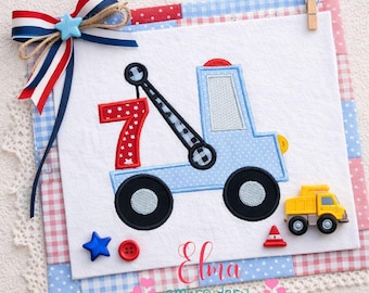 Tow Truck Number 7 Applique Embroidery Design Birthday Boy Shirt (Digital Download)