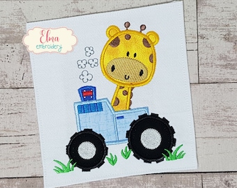 Giraffe Tractor Applique - Safari Animal Embroidery Design (4x4 5x5 6x6 7x7)