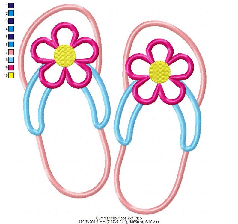 May include: A pair of pink flip flops with blue straps and a pink flower with a yellow center on each strap. The image text reads "Summer Flip Flops 7x7.PES 179.7x200.9 mm (7.07x7.91"), 18650 st, 6/10 clrs".