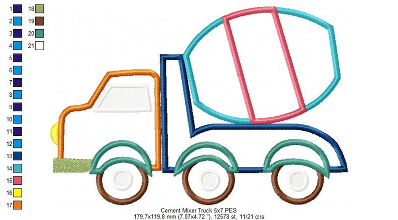 Puede incluir: Un dise&ntilde;o de bordado colorido de un cami&oacute;n mezclador de cemento. El cami&oacute;n es azul, verde, naranja y marr&oacute;n. La mezcladora de cemento es rosa, azul y verde.