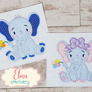 Elephant Boy and Girl Machine Embroidery Design - Applique Embroidery - Set of 2 designs - 4x4 5x5 6x6 7x7