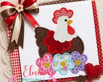 Chicken Applique Embroidery Design: Farm Flowers, Farmhouse Style (Digital Download)