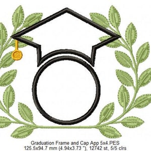 May include: A black graduation cap and wreath embroidery design with a circle for personalization. The design is approximately 5 inches by 4 inches and includes 12,742 stitches.