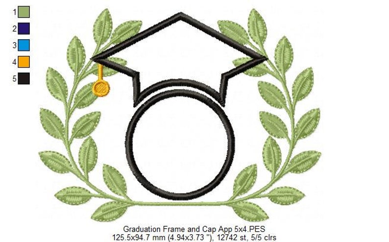 May include: A black graduation cap and wreath embroidery design with a circle for personalization. The design is approximately 5 inches by 4 inches and includes 12,742 stitches.
