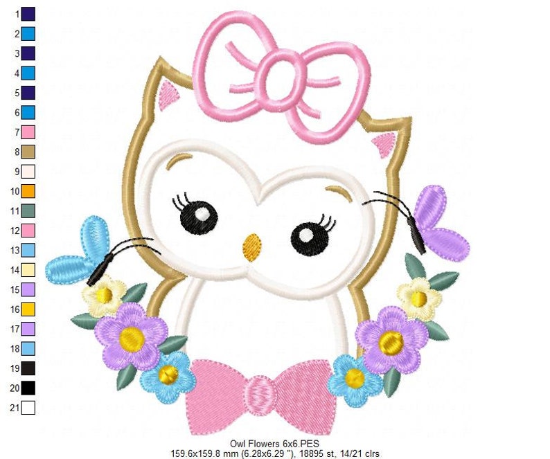 May include: Embroidered design of a white owl with pink bow and a floral wreath. The owl has large black eyes and a yellow beak. The wreath is made of blue, yellow, and purple flowers with green leaves. Two butterflies are on either side of the owl, one blue and one purple.