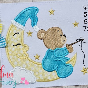 Bear on Moon Fishing Stars Machine Embroidery Design (4x4 5x5 6x6 7x7)