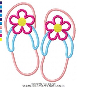 May include: A pair of pink flip-flops with blue straps and a pink flower with a yellow center on each strap. Summer Flip Flops 5x5.PES 129.8x145.1 mm (5.11x5.71 "), 12947 st, 6/10 clrs