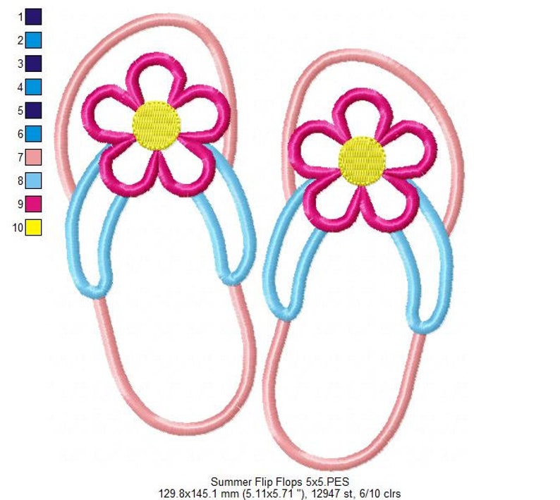 May include: A pair of pink flip-flops with blue straps and a pink flower with a yellow center on each strap. Summer Flip Flops 5x5.PES 129.8x145.1 mm (5.11x5.71 "), 12947 st, 6/10 clrs