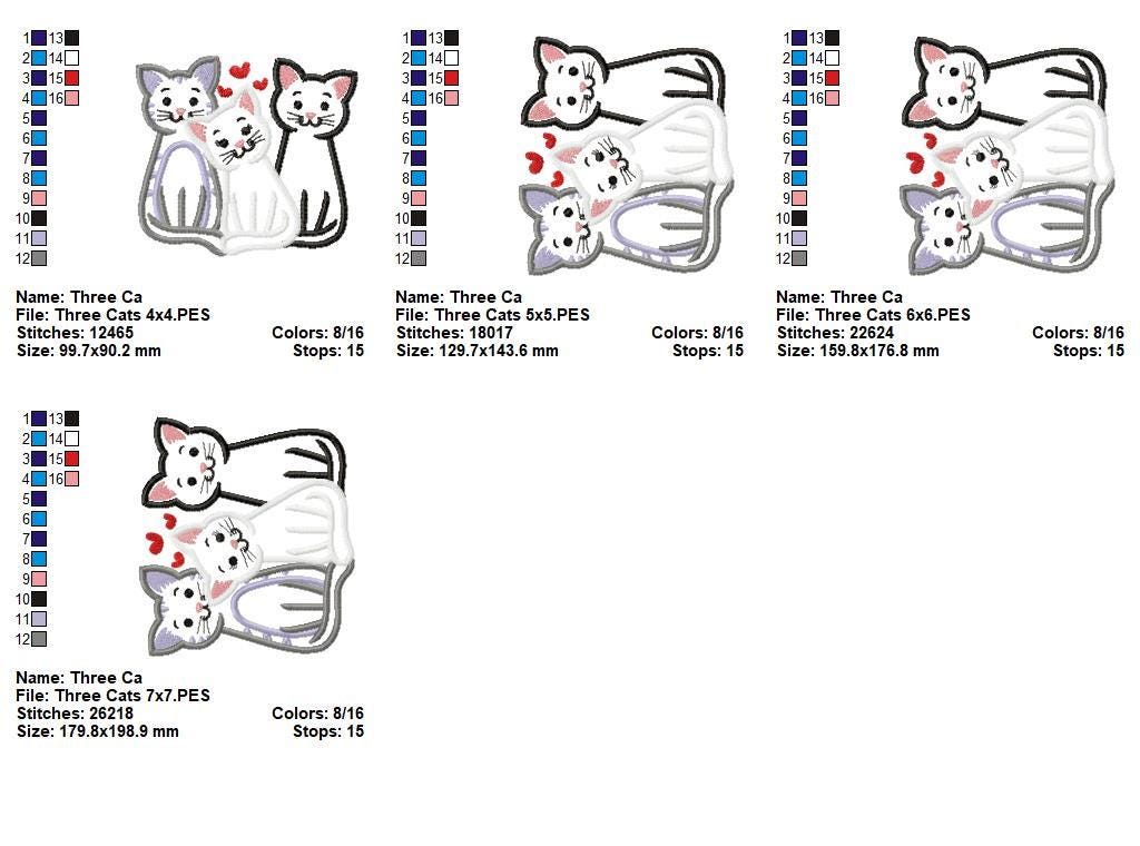 Three Cats Applique Embroidery Design: Sweet Feline Trio (digital ...