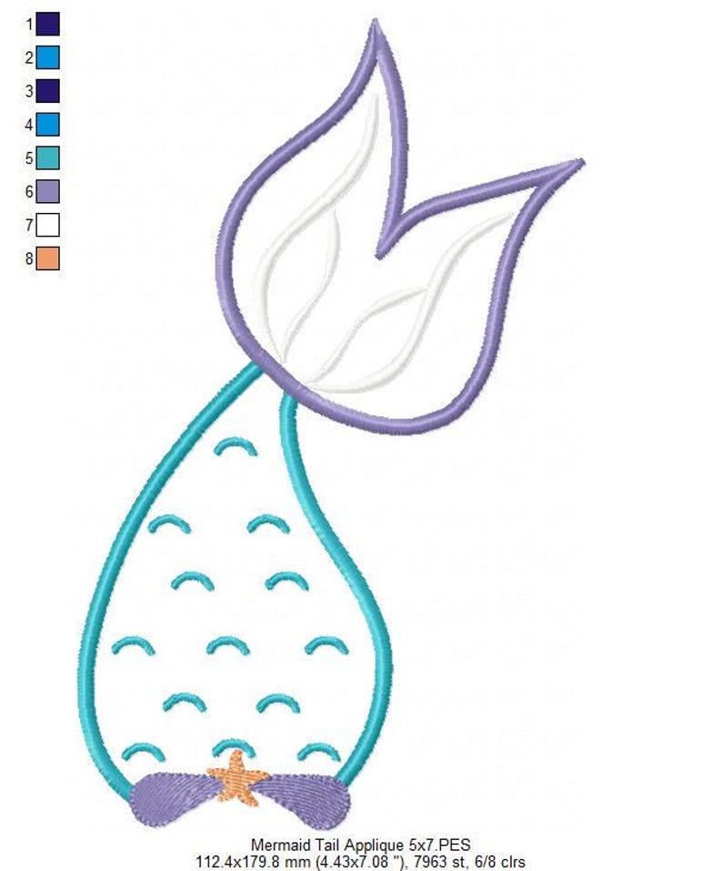 Diseño de bordado de cola de sirena, aplique con puntada de relleno, conjunto para bebé niña con temática oceánica (descarga digital) imagen 5