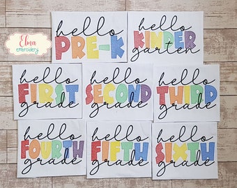 Diseño de bordado escolar: Hola, preescolar a sexto grado (juego de 8) (bordado a máquina)
