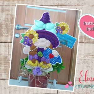 Spring Gnome Girl Flowers ITH Project - Applique - 5x7 5x8 6x10 7x12- Made in the Hoop - Machine Embroidery Design - Instructions Included
