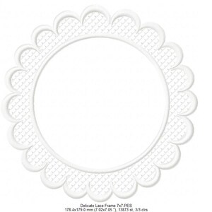 May include: White delicate lace frame with a scalloped edge. The frame is 7 inches by 7 inches and has a white background.