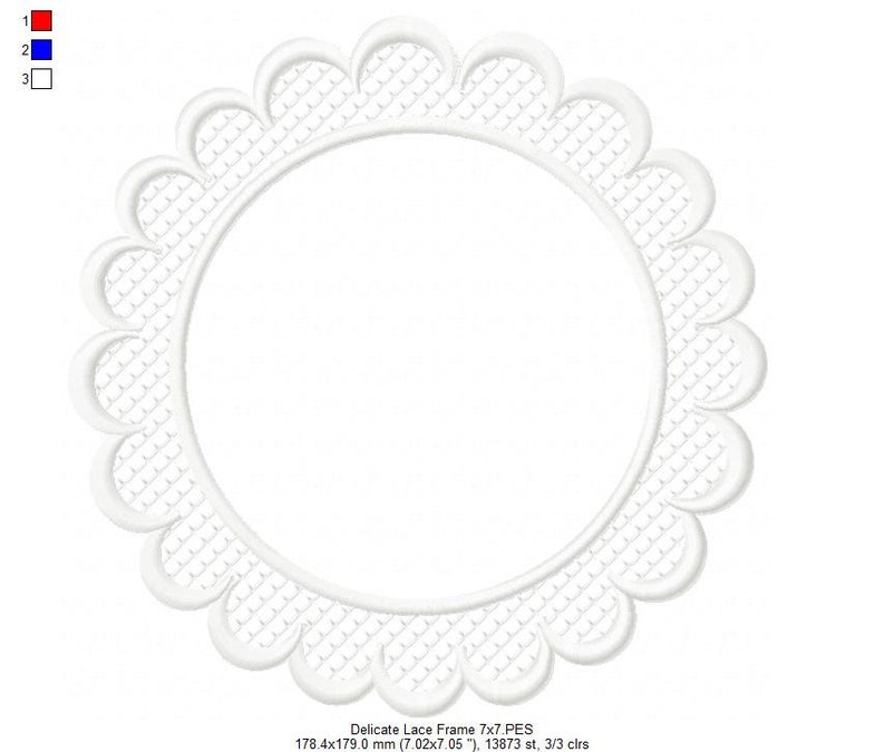 May include: White delicate lace frame with a scalloped edge. The frame is 7 inches by 7 inches and has a white background.