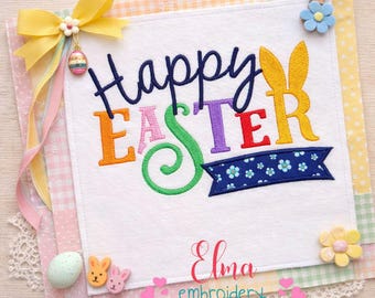 Frohe Ostern Hase Applikation Stickdatei, Frühling Feiertage Schriftzug (Digitaler Download)