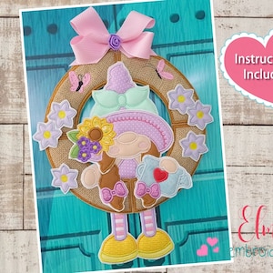 Spring Gnome Girl Wreath: Applique Embroidery Design (5x7, 5x8, 6x10, 7x12, 8x12) (Instructions Included)