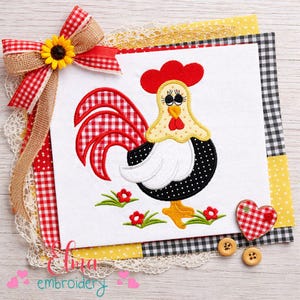 May include: An embroidered rooster design in red, black, white, and yellow. The rooster has a red comb, a yellow beak, and a black and white body. The image is decorated with a gingham bow and a heart-shaped patch. The design is on a square.