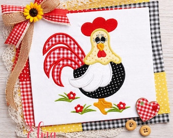 Farmhouse Chicken Applique Embroidery Design with Flowers Rustic Farm Decor (Digital Download)