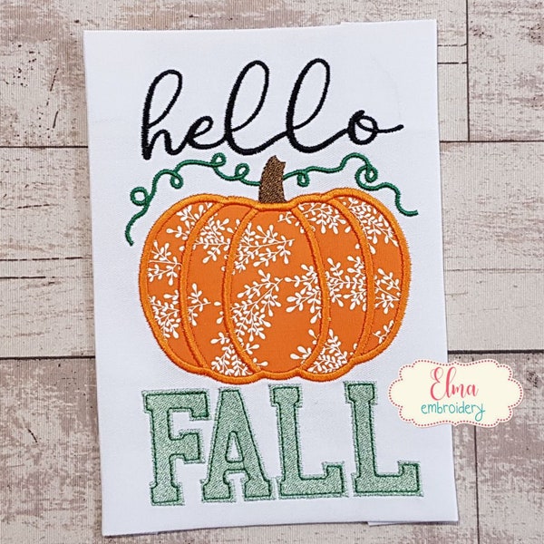 Hello Fall Pumpkin - Applique Embroidery - 4x4 5x4 5x7 5x8 6x10 7x12 - Machine Embroidery Design - Fall Embroidery - Thanksgiving design