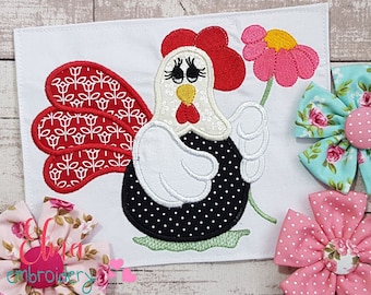 Chicken with Flower Applique - Machine Embroidery Design (Digital Download)